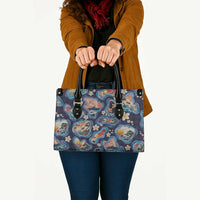 Hawaii Islands Map Design with Japanese Landscape Leather Bag Hawaiian Japan Fusion Art Navy Color
