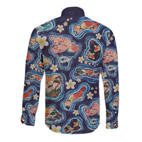Hawaii Islands Map Design with Japanese Landscape Long Sleeve Button Shirt Hawaiian Japan Fusion Art Navy Color