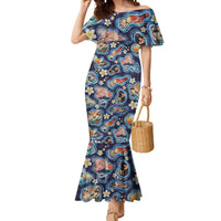 Hawaii Islands Map Design with Japanese Landscape Mermaid Dress Hawaiian Japan Fusion Art Navy Color