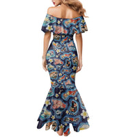 Hawaii Islands Map Design with Japanese Landscape Mermaid Dress Hawaiian Japan Fusion Art Navy Color