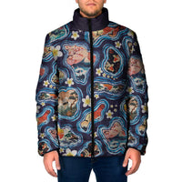 Hawaii Islands Map Design with Japanese Landscape Padded Jacket Hawaiian Japan Fusion Art Navy Color