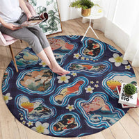 Hawaii Islands Map Design with Japanese Landscape Round Carpet Hawaiian Japan Fusion Art Navy Color