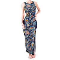Hawaii Islands Map Design with Japanese Landscape Tank Maxi Dress Hawaiian Japan Fusion Art Navy Color