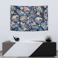 Hawaii Islands Map Design with Japanese Landscape Tapestry Hawaiian Japan Fusion Art Navy Color