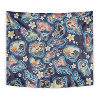 Hawaii Islands Map Design with Japanese Landscape Tapestry Hawaiian Japan Fusion Art Navy Color