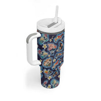 Hawaii Islands Map Design with Japanese Landscape Tumbler With Handle Hawaiian Japan Fusion Art Navy Color