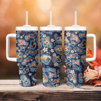 Hawaii Islands Map Design with Japanese Landscape Tumbler With Handle Hawaiian Japan Fusion Art Navy Color