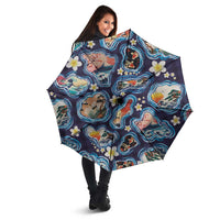 Hawaii Islands Map Design with Japanese Landscape Umbrella Hawaiian Japan Fusion Art Navy Color