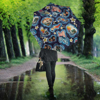Hawaii Islands Map Design with Japanese Landscape Umbrella Hawaiian Japan Fusion Art Navy Color