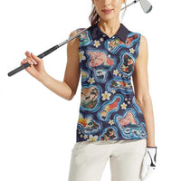 Hawaii Islands Map Design with Japanese Landscape Women Sleeveless Polo Shirt Hawaiian Japan Fusion Art Navy Color