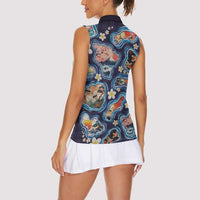 Hawaii Islands Map Design with Japanese Landscape Women Sleeveless Polo Shirt Hawaiian Japan Fusion Art Navy Color
