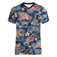 Hawaii Islands Map Design with Japanese Landscape Women V-Neck T-Shirt Hawaiian Japan Fusion Art Navy Color