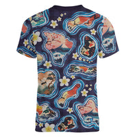 Hawaii Islands Map Design with Japanese Landscape Women V-Neck T-Shirt Hawaiian Japan Fusion Art Navy Color