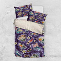 Hawaii Islands Map Design with Japanese Landscape Bedding Set Hawaiian Japan Fusion Art Purple Color