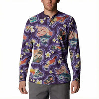 Hawaii Islands Map Design with Japanese Landscape Button Sweatshirt Hawaiian Japan Fusion Art Purple Color