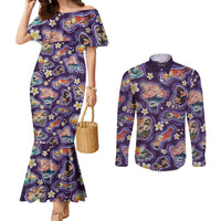 Hawaii Islands Map Design with Japanese Landscape Couples Matching Mermaid Dress and Long Sleeve Button Shirt Hawaiian Japan Fusion Art Purple Color