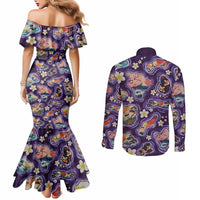 Hawaii Islands Map Design with Japanese Landscape Couples Matching Mermaid Dress and Long Sleeve Button Shirt Hawaiian Japan Fusion Art Purple Color