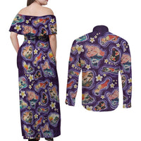 Hawaii Islands Map Design with Japanese Landscape Couples Matching Off Shoulder Maxi Dress and Long Sleeve Button Shirt Hawaiian Japan Fusion Art Purple Color