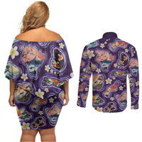Hawaii Islands Map Design with Japanese Landscape Couples Matching Off Shoulder Short Dress and Long Sleeve Button Shirt Hawaiian Japan Fusion Art Purple Color