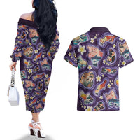 Hawaii Islands Map Design with Japanese Landscape Couples Matching Off The Shoulder Long Sleeve Dress and Hawaiian Shirt Hawaiian Japan Fusion Art Purple Color