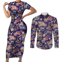 Hawaii Islands Map Design with Japanese Landscape Couples Matching Short Sleeve Bodycon Dress and Long Sleeve Button Shirt Hawaiian Japan Fusion Art Purple Color