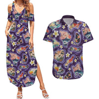 Hawaii Islands Map Design with Japanese Landscape Couples Matching Summer Maxi Dress and Hawaiian Shirt Hawaiian Japan Fusion Art Purple Color