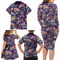 Hawaii Islands Map Design with Japanese Landscape Family Matching Long Sleeve Bodycon Dress and Hawaiian Shirt Hawaiian Japan Fusion Art Purple Color