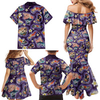 Hawaii Islands Map Design with Japanese Landscape Family Matching Mermaid Dress and Hawaiian Shirt Hawaiian Japan Fusion Art Purple Color