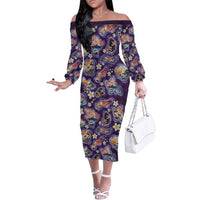 Hawaii Islands Map Design with Japanese Landscape Family Matching Off The Shoulder Long Sleeve Dress and Hawaiian Shirt Hawaiian Japan Fusion Art Purple Color