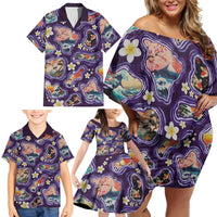 Hawaii Islands Map Design with Japanese Landscape Family Matching Off Shoulder Short Dress and Hawaiian Shirt Hawaiian Japan Fusion Art Purple Color