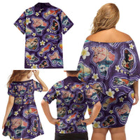 Hawaii Islands Map Design with Japanese Landscape Family Matching Off Shoulder Short Dress and Hawaiian Shirt Hawaiian Japan Fusion Art Purple Color