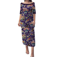 Hawaii Islands Map Design with Japanese Landscape Family Matching Puletasi and Hawaiian Shirt Hawaiian Japan Fusion Art Purple Color