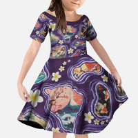 Hawaii Islands Map Design with Japanese Landscape Family Matching Short Sleeve Bodycon Dress and Hawaiian Shirt Hawaiian Japan Fusion Art Purple Color