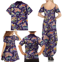 Hawaii Islands Map Design with Japanese Landscape Family Matching Summer Maxi Dress and Hawaiian Shirt Hawaiian Japan Fusion Art Purple Color
