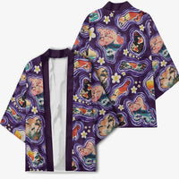 Hawaii Islands Map Design with Japanese Landscape Kimono Hawaiian Japan Fusion Art Purple Color