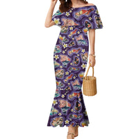 Hawaii Islands Map Design with Japanese Landscape Mermaid Dress Hawaiian Japan Fusion Art Purple Color