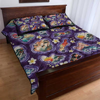 Hawaii Islands Map Design with Japanese Landscape Quilt Bed Set Hawaiian Japan Fusion Art Purple Color