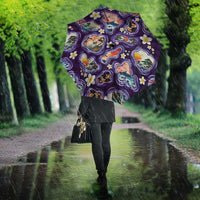 Hawaii Islands Map Design with Japanese Landscape Umbrella Hawaiian Japan Fusion Art Purple Color