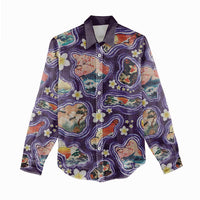 Hawaii Islands Map Design with Japanese Landscape Women Casual Shirt Hawaiian Japan Fusion Art Purple Color