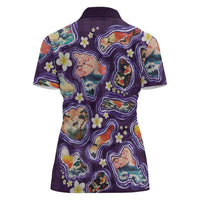 Hawaii Islands Map Design with Japanese Landscape Women Polo Shirt Hawaiian Japan Fusion Art Purple Color