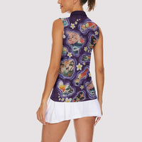 Hawaii Islands Map Design with Japanese Landscape Women Sleeveless Polo Shirt Hawaiian Japan Fusion Art Purple Color