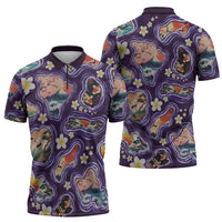 Hawaii Islands Map Design with Japanese Landscape Zipper Polo Shirt Hawaiian Japan Fusion Art Purple Color