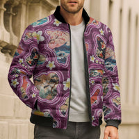 Hawaii Islands Map Design with Japanese Landscape Bomber Puffer Jacket Hawaiian Japan Fusion Art Pink Color