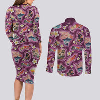 Hawaii Islands Map Design with Japanese Landscape Couples Matching Long Sleeve Bodycon Dress and Long Sleeve Button Shirt Hawaiian Japan Fusion Art Pink Color