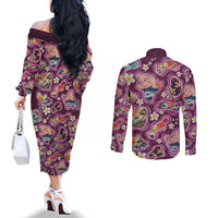 Hawaii Islands Map Design with Japanese Landscape Couples Matching Off The Shoulder Long Sleeve Dress and Long Sleeve Button Shirt Hawaiian Japan Fusion Art Pink Color