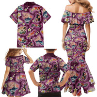 Hawaii Islands Map Design with Japanese Landscape Family Matching Mermaid Dress and Hawaiian Shirt Hawaiian Japan Fusion Art Pink Color