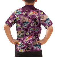Hawaii Islands Map Design with Japanese Landscape Family Matching Off The Shoulder Long Sleeve Dress and Hawaiian Shirt Hawaiian Japan Fusion Art Pink Color