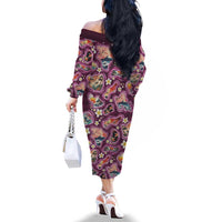 Hawaii Islands Map Design with Japanese Landscape Family Matching Off The Shoulder Long Sleeve Dress and Hawaiian Shirt Hawaiian Japan Fusion Art Pink Color