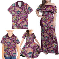 Hawaii Islands Map Design with Japanese Landscape Family Matching Off Shoulder Maxi Dress and Hawaiian Shirt Hawaiian Japan Fusion Art Pink Color