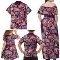 Hawaii Islands Map Design with Japanese Landscape Family Matching Off Shoulder Maxi Dress and Hawaiian Shirt Hawaiian Japan Fusion Art Pink Color